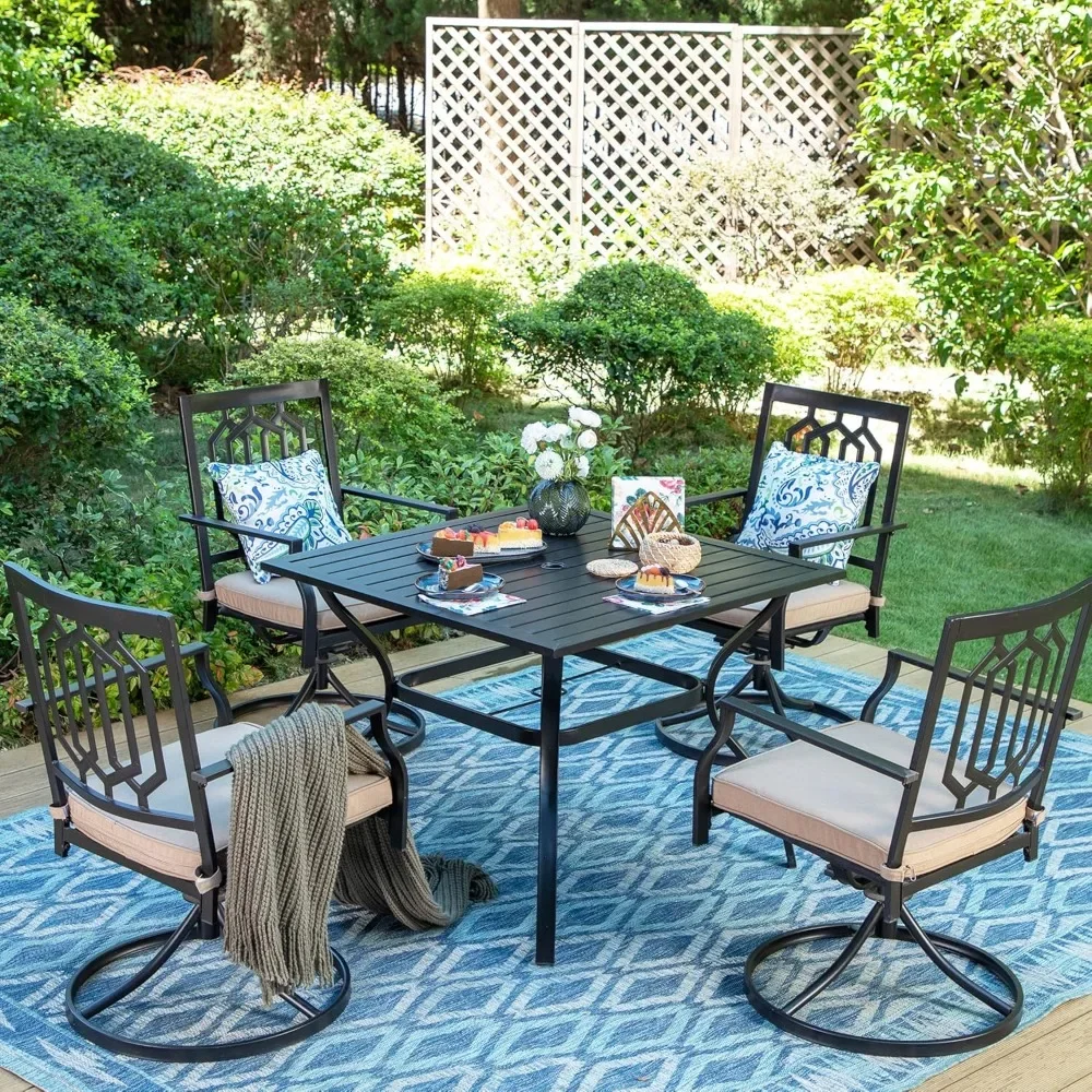 5-Piece Outdoor Dining Set, 4 Steel Metal Swivel Patio Chairs & 1 Square Dining Table, Paperclip Pattern Back
5-Piece Outdoor Dining Set, 4 Steel Metal Swivel Patio Chairs & 1 Square Dining Table, Paperclip Pattern Back