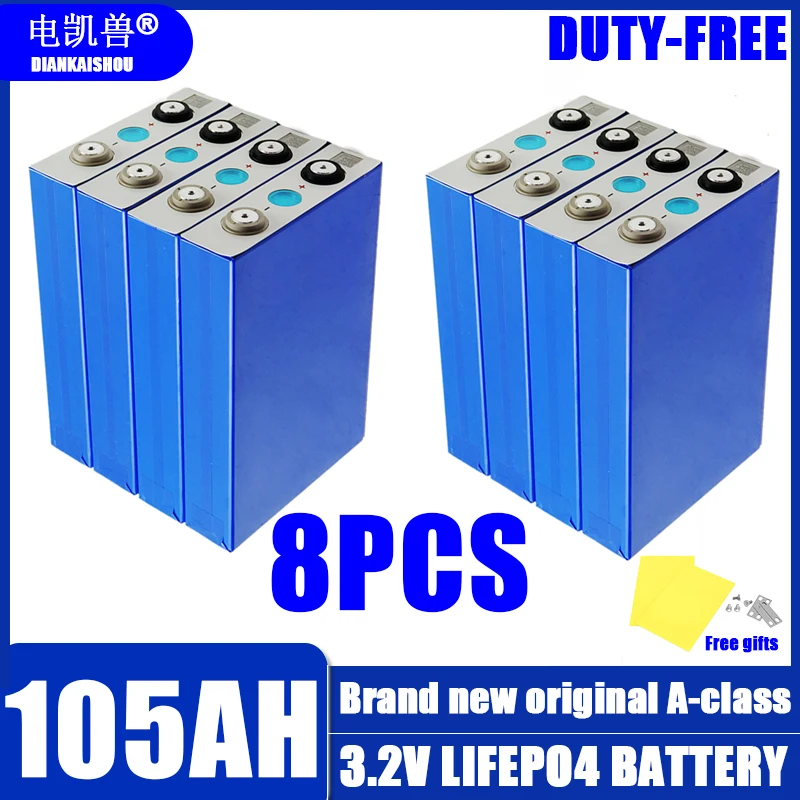 8pcs new 3.2V 105AH LiFePO4 rechargeable battery GRADE A DIY 12V 24V 48V suitable for golf cart and boat solar system duty-free
8pcs new 3.2V 105AH LiFePO4 rechargeable battery GRADE A DIY 12V 24V 48V suitable for golf cart and boat solar system duty-free