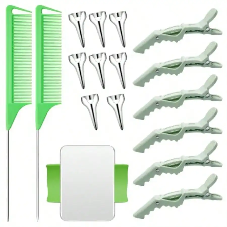 D17 Piece Hair Styling Tool Set: 8 Sectioning Rings 2 Rat Tail Combs 6 Clips And Magnetic Wrist Pin Holder For Braiding Green
D17 Piece Hair Styling Tool Set: 8 Sectioning Rings 2 Rat Tail Combs 6 Clips And Magnetic Wrist Pin Holder For Braiding Green