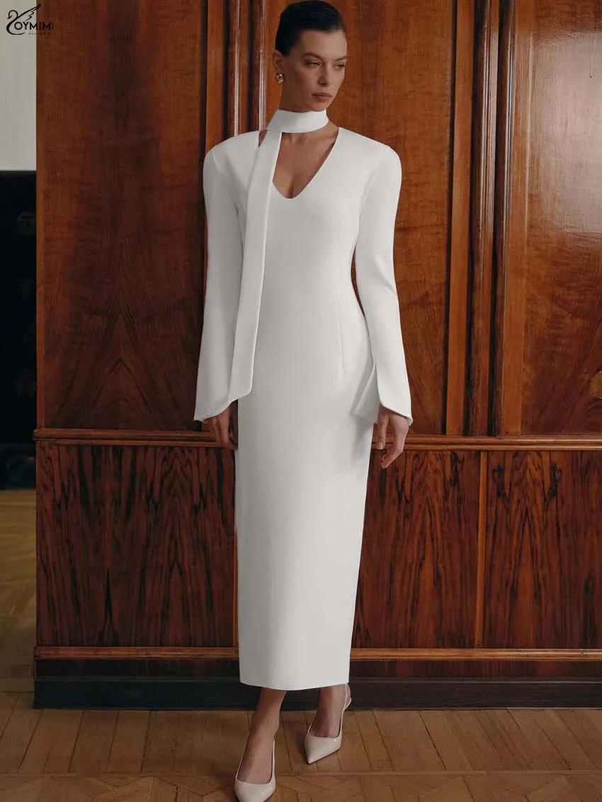 Oymimi Elegant White Slim Dresses For Woman Fashion V-Neck Long Sleeve Lace-Up Dresses Casual New Straight Mid-Calf Dress Female
Oymimi Elegant White Slim Dresses For Woman Fashion V-Neck Long Sleeve Lace-Up Dresses Casual New Straight Mid-Calf Dress Female