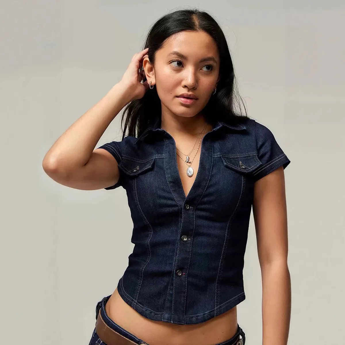 Deep Blue Denim Single Button Open Cardigan Irregular Slimming ort Sve irt Heavy Work ket Design Women's Faion
Deep Blue Denim Single Button Open Cardigan Irregular Slimming ort Sve irt Heavy Work ket Design Women's Faion