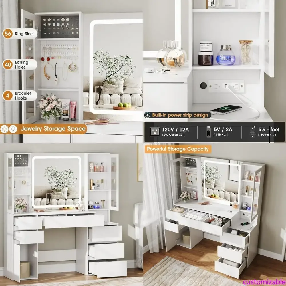 Туалетный столик с подсветкой, белый, с 7 ящиками и 3 шкафчиками для косметики
Туалетный столик с подсветкой, белый, с 7 ящиками и 3 шкафчиками для косметики