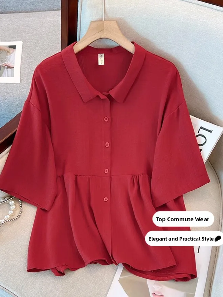 Red Short Sleeve Loose Women's Shirt Summer plus Size Conceal Belly Korean Style Stand Collar Button up Casual Fashion Top
Red Short Sleeve Loose Women's Shirt Summer plus Size Conceal Belly Korean Style Stand Collar Button up Casual Fashion Top
