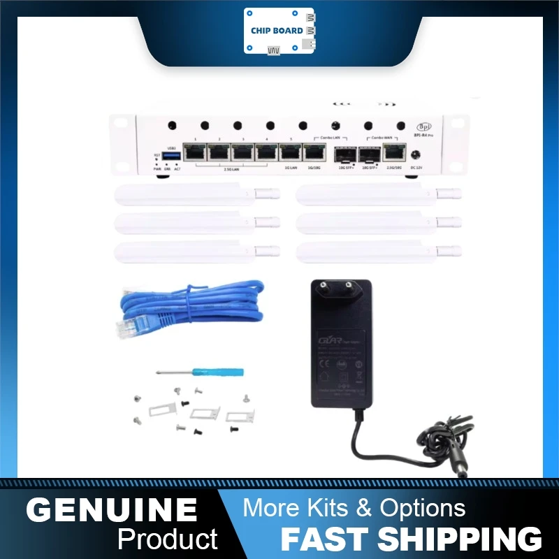 Banana Pi BPI-R4 PRO 4E Router Kit, MediaTek MT7988A, 4GB DDR4, 8GB eMMC, WiFi7 OpenWrt Networking Board
Banana Pi BPI-R4 PRO 4E Router Kit, MediaTek MT7988A, 4GB DDR4, 8GB eMMC, WiFi7 OpenWrt Networking Board