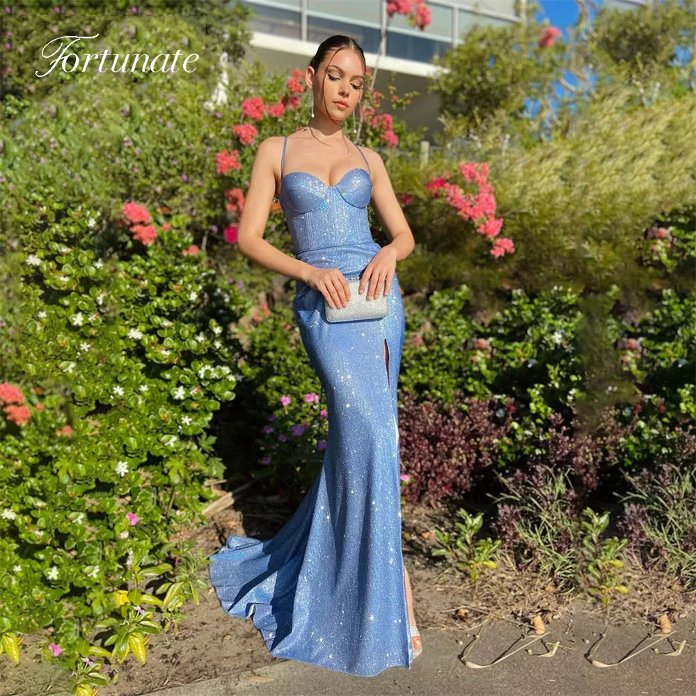 Fortunate Simple Blue Sequins Spaghetti Strap Formal Dresses Mermaid Sleeveless Back Lace Up Side Silt Evening Gowns Custom Made
Fortunate Simple Blue Sequins Spaghetti Strap Formal Dresses Mermaid Sleeveless Back Lace Up Side Silt Evening Gowns Custom Made