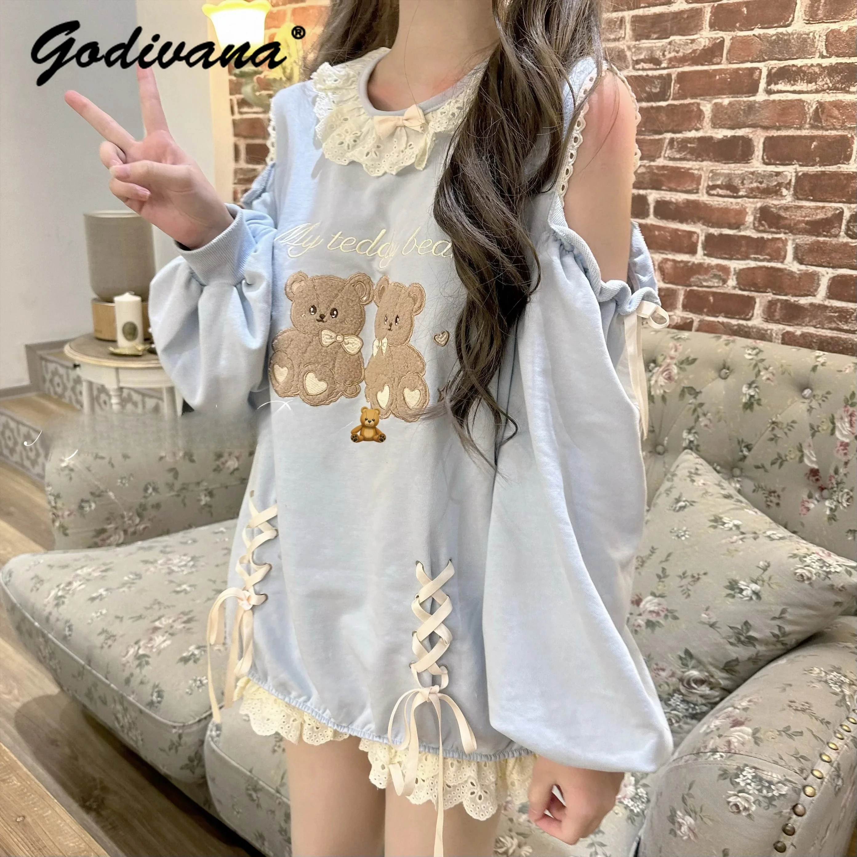 Original Design New Spring Kawaii Bear Off Shoulder Sweatshirts Girl Women's Sweet Long-sleeved Lace Pullover Top Shirts
Original Design New Spring Kawaii Bear Off Shoulder Sweatshirts Girl Women's Sweet Long-sleeved Lace Pullover Top Shirts