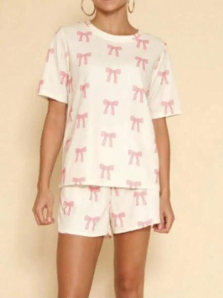 Waffle Knit Bow Print Pajama Set Women Short Sleeve Sleepwear
Waffle Knit Bow Print Pajama Set Women Short Sleeve Sleepwear