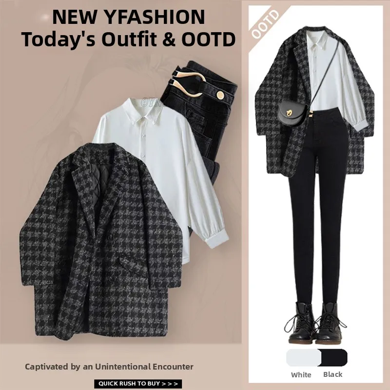 Fall Faion High-End Coat Jaet Slimming Top Waist-Cinching Jeans Tee-Piece Set V-Ne Long Sve Polyester Fiber
Fall Faion High-End Coat Jaet Slimming Top Waist-Cinching Jeans Tee-Piece Set V-Ne Long Sve Polyester Fiber
