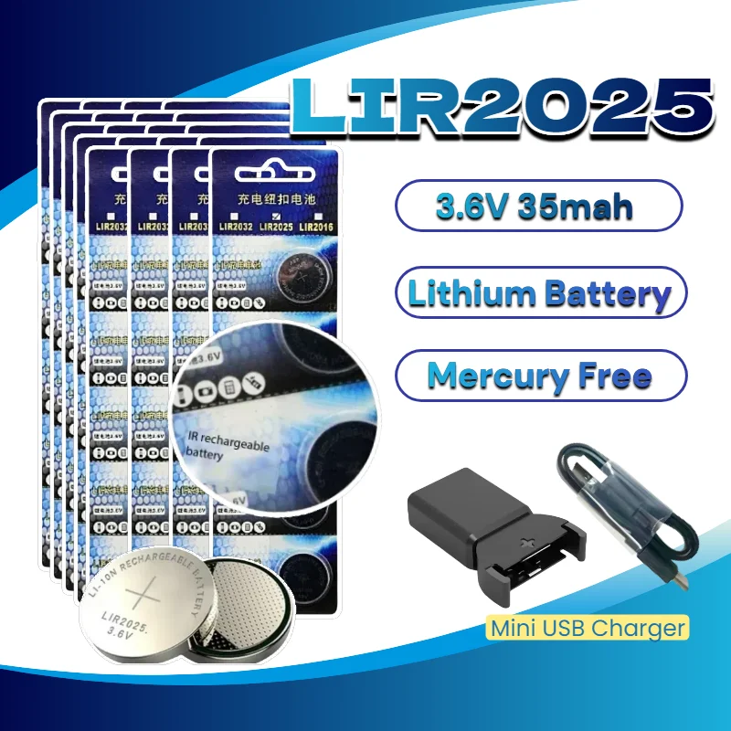 Original LIR2025 Rechargeable 2025 Lithium Battery 3.6V 35mAh for Watches, Can Replace CR2025 Coin Cell Button Battery
Original LIR2025 Rechargeable 2025 Lithium Battery 3.6V 35mAh for Watches, Can Replace CR2025 Coin Cell Button Battery