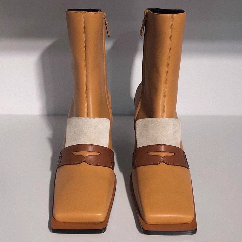 Tan Leather Square Toe Ankle Boots Beige Suede Panel Brown Strap Small Chunky Heels Side Zippers Ladies Short Boots
Tan Leather Square Toe Ankle Boots Beige Suede Panel Brown Strap Small Chunky Heels Side Zippers Ladies Short Boots