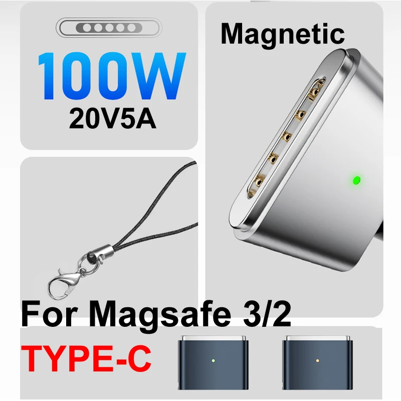 Магнитный разъем PD100W, 20 В, 5 А, USB Type-C к Magsafe 3/2, адаптер для зарядки, гнездовой кабель для Mac book Air/Pro M1/M2/M3/M
Магнитный разъем PD100W, 20 В, 5 А, USB Type-C к Magsafe 3/2, адаптер для зарядки, гнездовой кабель для Mac book Air/Pro M1/M2/M3/M