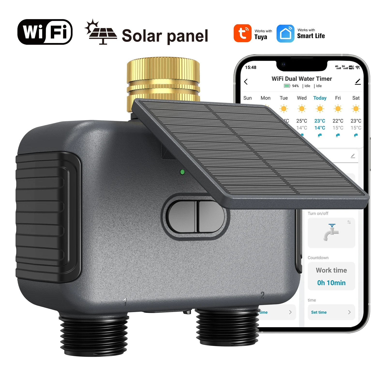 Tuya WiFi Solar Irrigation Timer Smart Dual Water Valve APP Remote Control Solar Power Sprinkler for Outdoor Watering System
Tuya WiFi Solar Irrigation Timer Smart Dual Water Valve APP Remote Control Solar Power Sprinkler for Outdoor Watering System