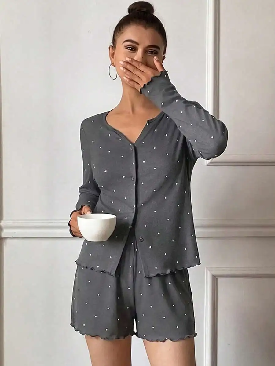 Women Polka Dot Print Short Sleeve Knit Cardigan And Shorts Pajama Set Summer
Women Polka Dot Print Short Sleeve Knit Cardigan And Shorts Pajama Set Summer