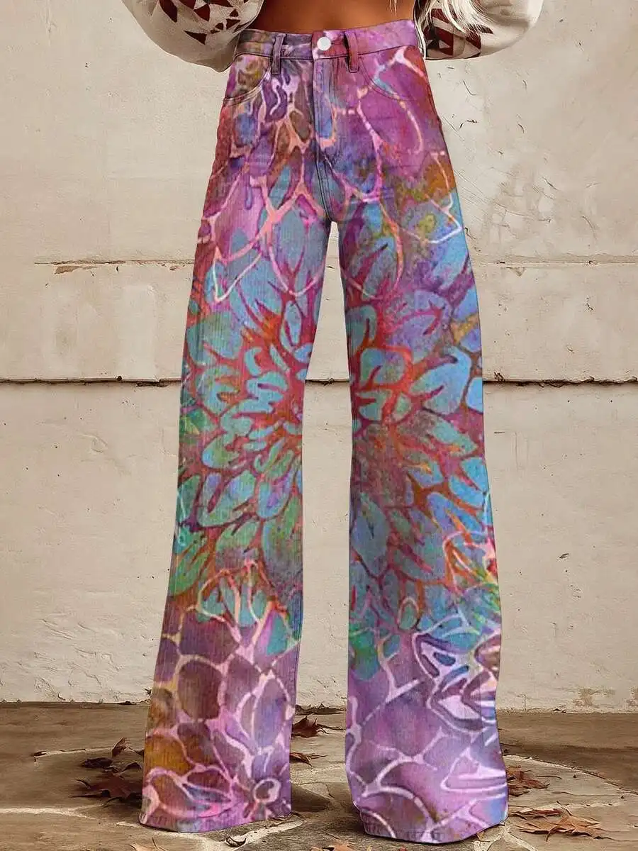 Vibrant Watercolor Floral Print Wide Leg Denim Jeans For Women Casual Summer Wear
Vibrant Watercolor Floral Print Wide Leg Denim Jeans For Women Casual Summer Wear