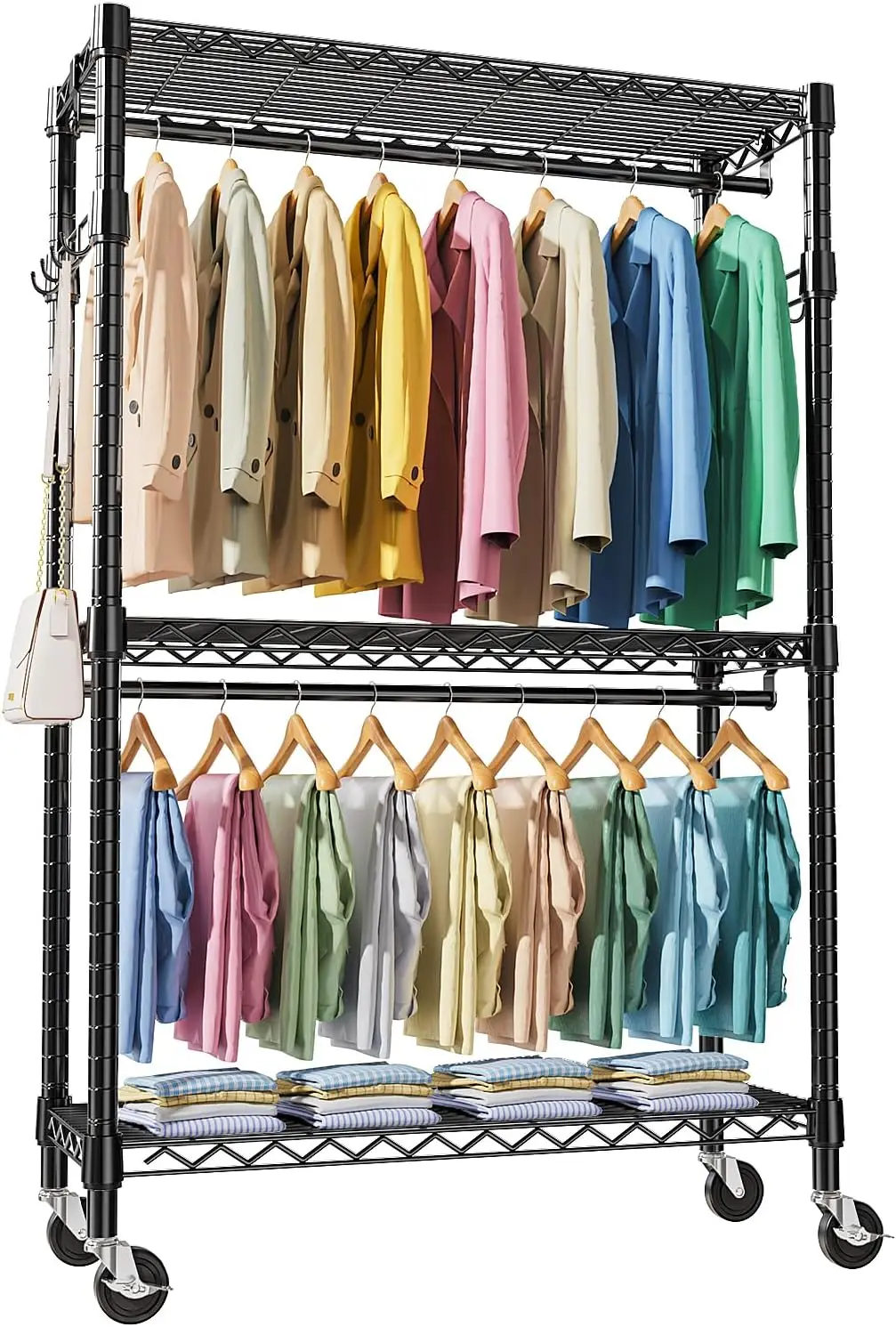3-Tier Adjustable Rolling Garment Rack with Wheels, Hooks, and Shelves for Heavy-Duty Storage
3-Tier Adjustable Rolling Garment Rack with Wheels, Hooks, and Shelves for Heavy-Duty Storage