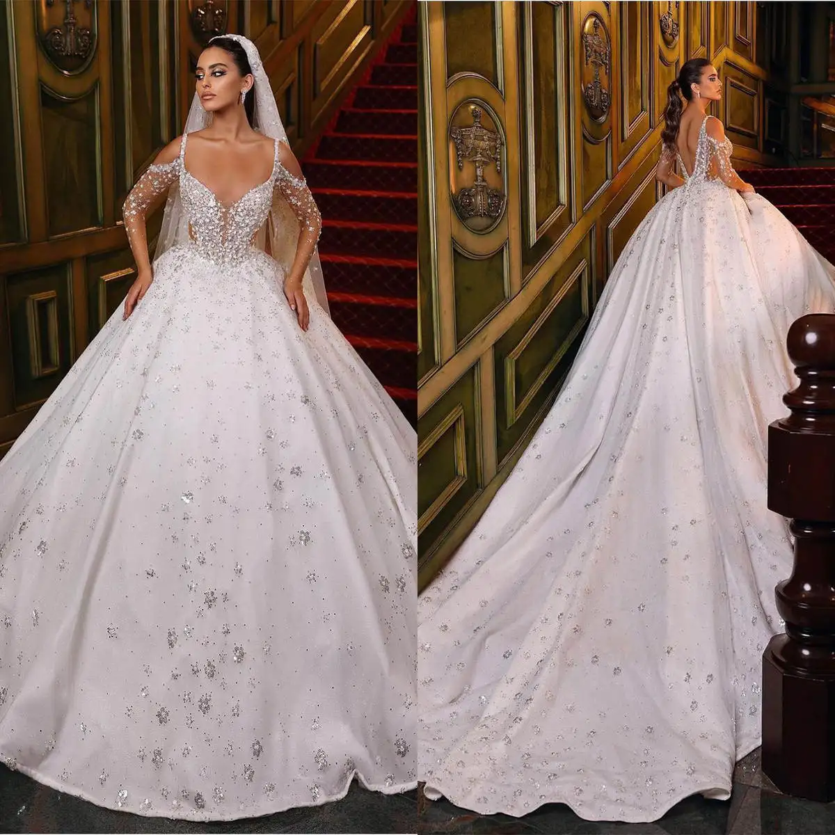 Charming Sequins Ball Gowns Wedding Dresses Spaghetti Strap Long Sleeve Bridal Gowns Customized Vestidos De Novia
Charming Sequins Ball Gowns Wedding Dresses Spaghetti Strap Long Sleeve Bridal Gowns Customized Vestidos De Novia