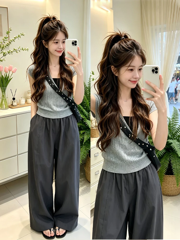 Gray Casual Pants Set Elegant Commute Style plus Size Women's Fashion Ensemble High Waist Loose Fit Comfortable Summer Outfit
Gray Casual Pants Set Elegant Commute Style plus Size Women's Fashion Ensemble High Waist Loose Fit Comfortable Summer Outfit