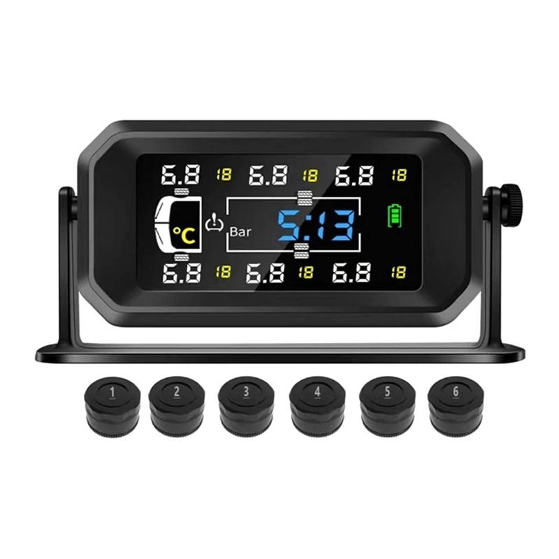 A82M-Car RV Truck TPMS 6 Wheels Sensor Solar Tire Pressure Monitoring System Temperature Clock Air Pressure Display Alarm
A82M-Car RV Truck TPMS 6 Wheels Sensor Solar Tire Pressure Monitoring System Temperature Clock Air Pressure Display Alarm