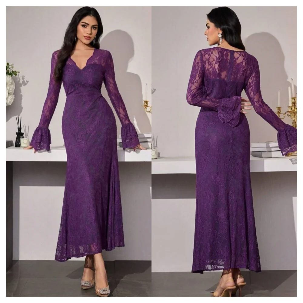 Customized Mermaid Modern Purple Lace Evening Dress Modern V-Neck Long Sleeves Party Dress Temperament Ankle Length Prom Dress
Customized Mermaid Modern Purple Lace Evening Dress Modern V-Neck Long Sleeves Party Dress Temperament Ankle Length Prom Dress