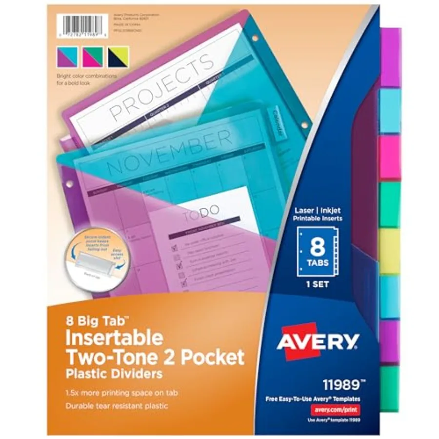 Big Tab Insertable 2 Pocket for 3 Ring Binders, 8 Tab Set, Bright Two-Tone Multicolor, Works with Sheet Protectors, 1 Set 11989
Big Tab Insertable 2 Pocket for 3 Ring Binders, 8 Tab Set, Bright Two-Tone Multicolor, Works with Sheet Protectors, 1 Set 11989