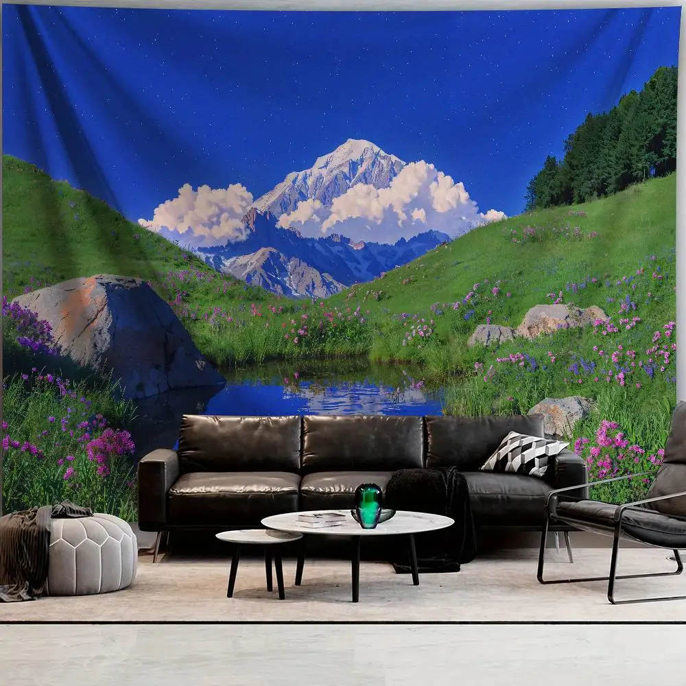 Alpine Snow Mountain Lake Tapestry, Starry Blue Sky Wildflower Meadow Landscape Wall Hanging, Serene Nature Fabric Bedroom Decor
Alpine Snow Mountain Lake Tapestry, Starry Blue Sky Wildflower Meadow Landscape Wall Hanging, Serene Nature Fabric Bedroom Decor