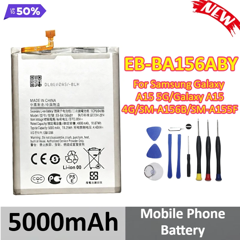 5000mAh EB-BA156ABY Mobile Phone Battery For Samsung Galaxy A15 5G Galaxy A15 4G SM-A156B SM-A155F + Tools
5000mAh EB-BA156ABY Mobile Phone Battery For Samsung Galaxy A15 5G Galaxy A15 4G SM-A156B SM-A155F + Tools