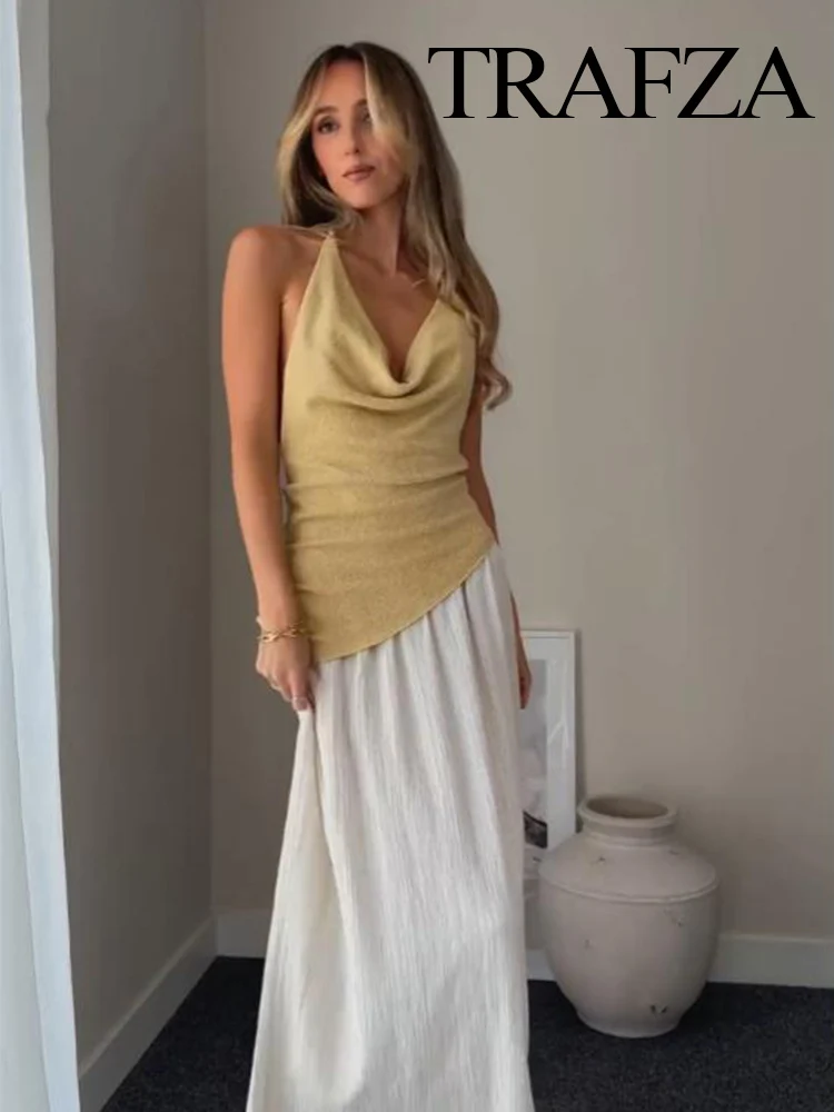 TRAFZA Women's Fashion Simple Spliced Halter Neck Sleeveless Dress Female Elegant Slim Sexy Backless Party Pleated Long Dress
TRAFZA Women's Fashion Simple Spliced Halter Neck Sleeveless Dress Female Elegant Slim Sexy Backless Party Pleated Long Dress