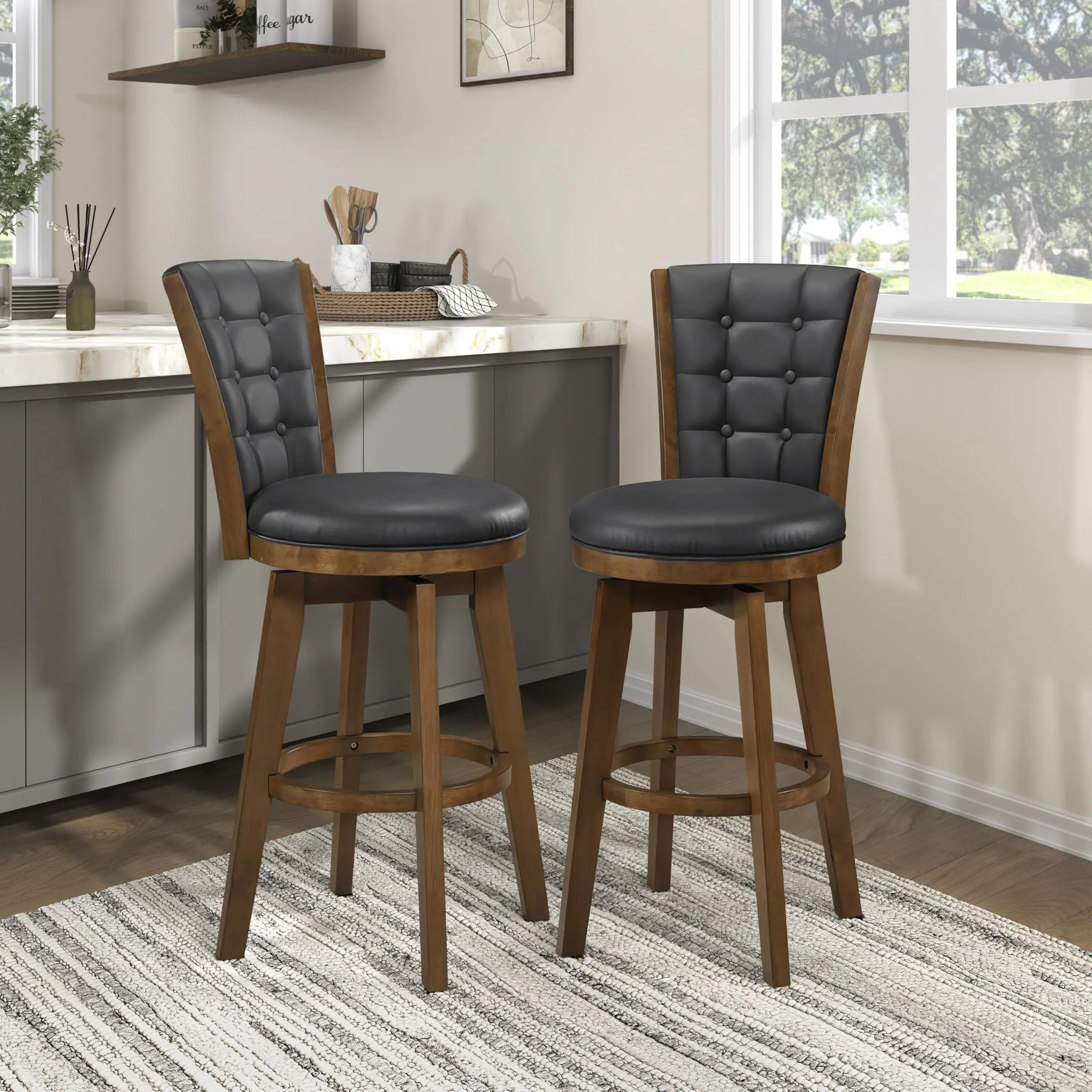 Two Swivel Bar Stools With Tufted Backrest, Chestnut Wood Frame And Black Faux Leather Seat For Kitchen Counter
Two Swivel Bar Stools With Tufted Backrest, Chestnut Wood Frame And Black Faux Leather Seat For Kitchen Counter