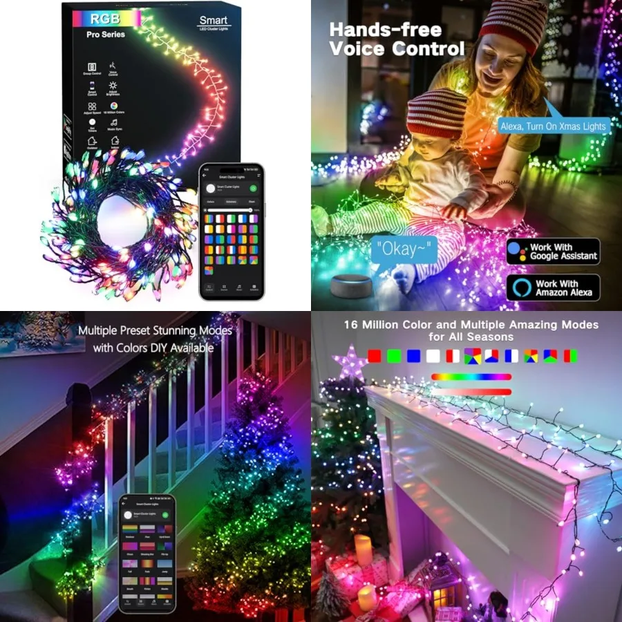 Smart Cluster Christmas Lights, 19.68FT 200 LED WiFi Cluster Fairy Lights, App Controlled RGB Color Changing Christmas Lights W
Smart Cluster Christmas Lights, 19.68FT 200 LED WiFi Cluster Fairy Lights, App Controlled RGB Color Changing Christmas Lights W