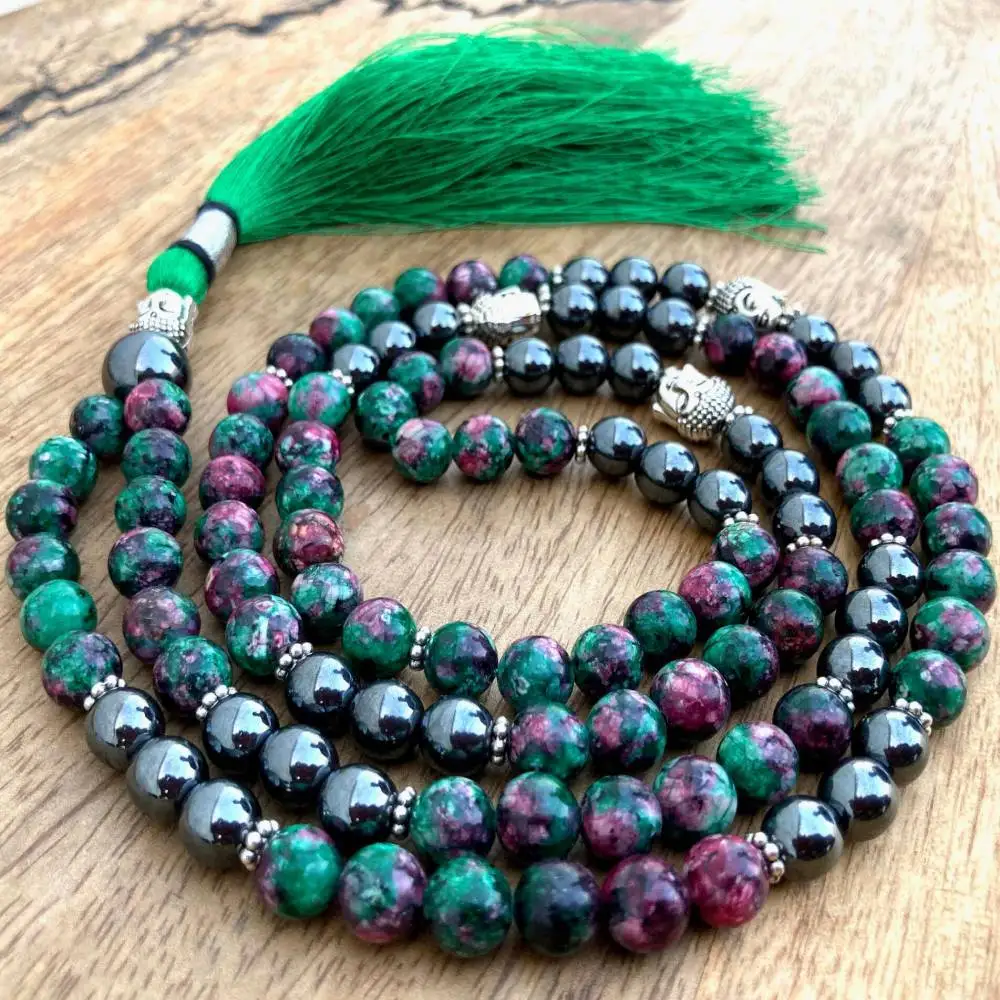 Natural Ruby Zoisite & Black Onyx 108 Mala Beads Necklace with Buddha Accents & Green Tassel Protection Healing Crystal Jewelry
Natural Ruby Zoisite & Black Onyx 108 Mala Beads Necklace with Buddha Accents & Green Tassel Protection Healing Crystal Jewelry