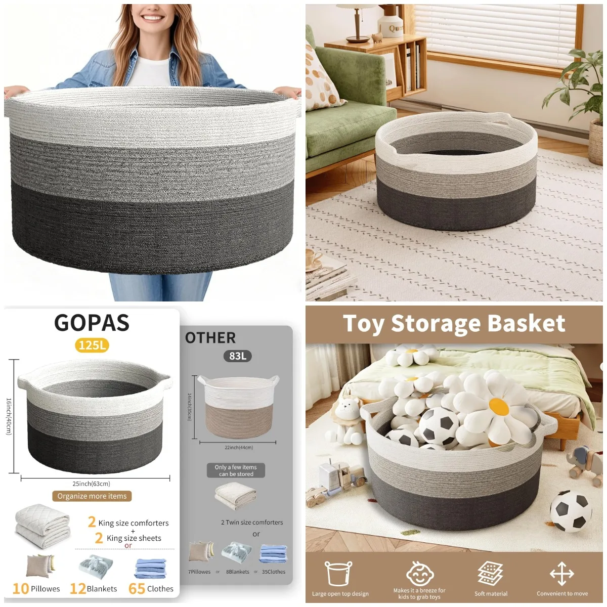 125L Extra Large Blanket Basket, 25' x 16', Woven Cotton Rope Storage Basket with Handles, Gradual Gray
125L Extra Large Blanket Basket, 25' x 16', Woven Cotton Rope Storage Basket with Handles, Gradual Gray