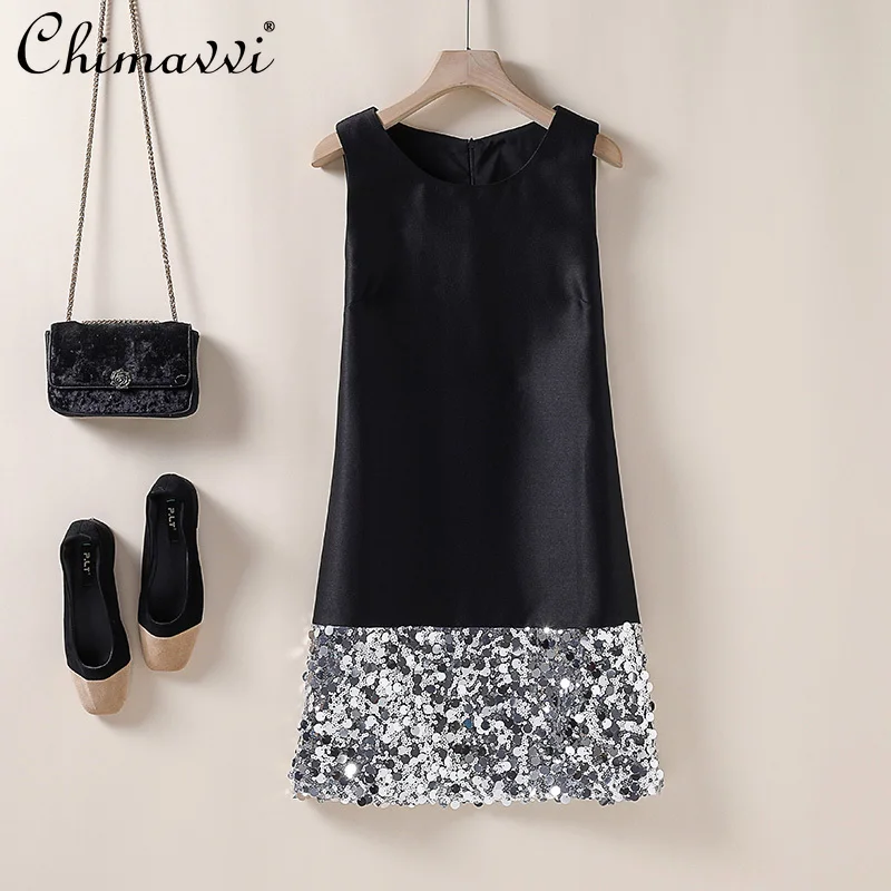 French Luxury Elegant Celebrity Sequined Splicing Dresses Round Neck Sleeveless Loose Waist A-line Short Tank Dress Women Summer
French Luxury Elegant Celebrity Sequined Splicing Dresses Round Neck Sleeveless Loose Waist A-line Short Tank Dress Women Summer