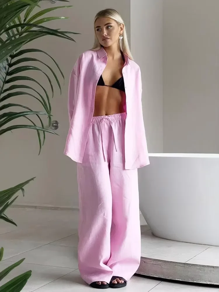 Women Cotton Pants Suit Fashion Full Sleeve Lapel Single Breasted Blouse 2-piece Set Lady New Summer Holiday Beach Outfits
Women Cotton Pants Suit Fashion Full Sleeve Lapel Single Breasted Blouse 2-piece Set Lady New Summer Holiday Beach Outfits
