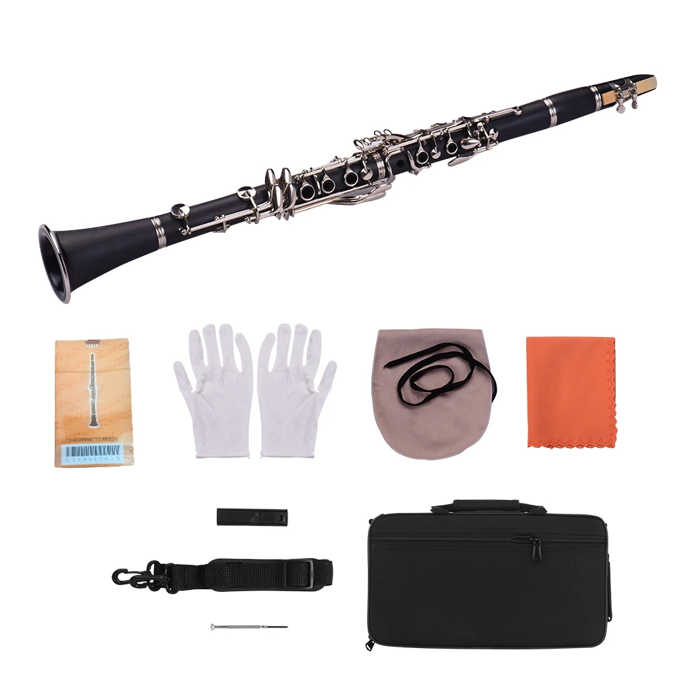 ABS 17-Key Clarinet Bb Flat with Carry Case Gloves Cleaning Cloth Screwdriver Case 10pcs Reeds Instrument