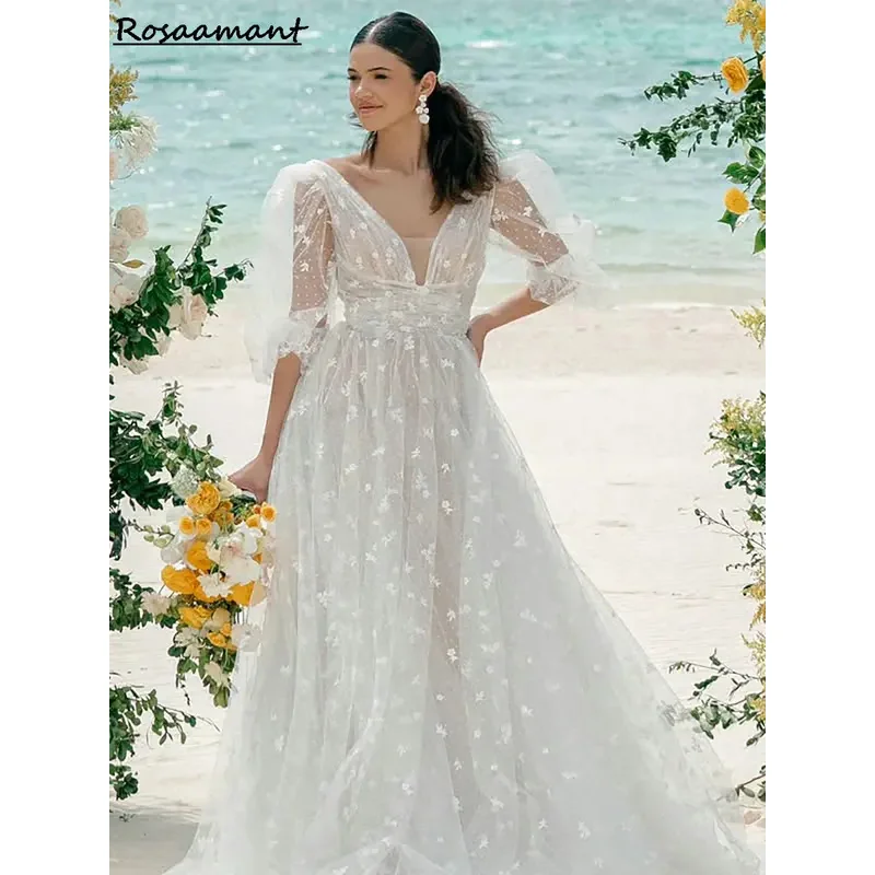 Boho Beach V-Neck Half Sleeve Wedding Dresses A-Line Illusion Backless Appliques Lace Bridal Gowns
Boho Beach V-Neck Half Sleeve Wedding Dresses A-Line Illusion Backless Appliques Lace Bridal Gowns