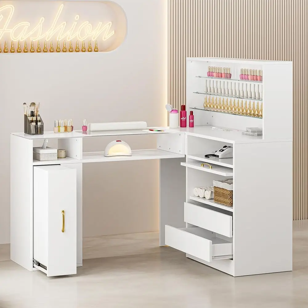 L-Shaped Glass Top Manicure Table with Storage, LED Lights, Cabinet, Wrist Cushion & Gold Handles (White)
L-Shaped Glass Top Manicure Table with Storage, LED Lights, Cabinet, Wrist Cushion & Gold Handles (White)