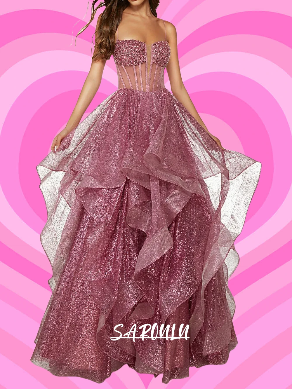 Glitter Tulle Long Party Gowns for Women, Criss-Cross Lace Corset Backless Evening Dresses, Tiered Long Prom Dresses Customized
Glitter Tulle Long Party Gowns for Women, Criss-Cross Lace Corset Backless Evening Dresses, Tiered Long Prom Dresses Customized