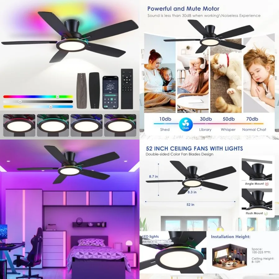 Flush Mount Ceiling Fan with RGB Light - 52In Black Ceiling Fan Light with Reversible Mute Motor, LED 3CCT Dimmable, Low Profil
Flush Mount Ceiling Fan with RGB Light - 52In Black Ceiling Fan Light with Reversible Mute Motor, LED 3CCT Dimmable, Low Profil