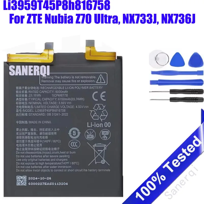 100% Original Battery 3.86V 6150mAh Li3959T45P8h816758 For ZTE Nubia Z70 Ultra, NX733J, NX736J Battery Batteries + Tools
100% Original Battery 3.86V 6150mAh Li3959T45P8h816758 For ZTE Nubia Z70 Ultra, NX733J, NX736J Battery Batteries + Tools