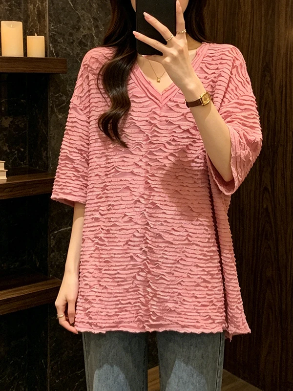 plus Size Summer New Women's Loose Short Sleeve V-Neck Wave Pattern Fashion Top Korean Style Breathable Skin-Friendly T-Shirt
plus Size Summer New Women's Loose Short Sleeve V-Neck Wave Pattern Fashion Top Korean Style Breathable Skin-Friendly T-Shirt