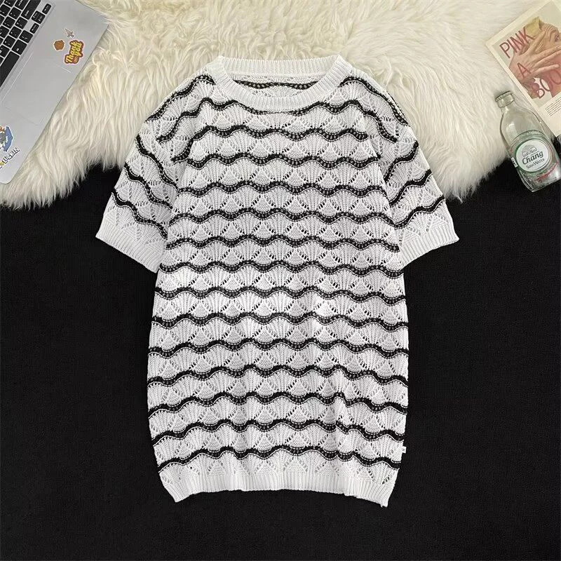 Summer Hollow Out Men O Neck Short Sleeve Knitted T Shirts Wave Striped Print Fashion All-match Loose Clothing Travel White Blue
Summer Hollow Out Men O Neck Short Sleeve Knitted T Shirts Wave Striped Print Fashion All-match Loose Clothing Travel White Blue