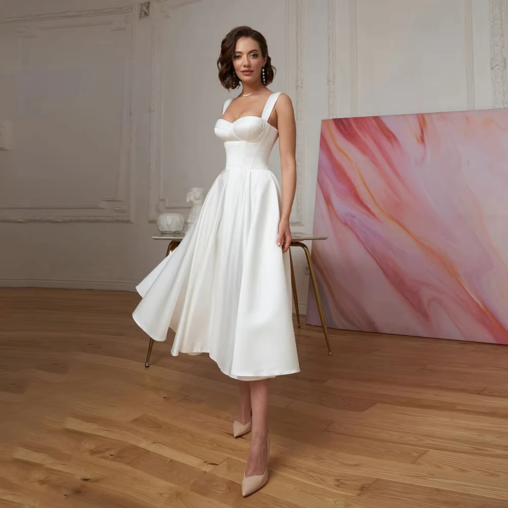 Simple Tea-Length Wedding Dresses Women's A Line Sweetheart Sleeveless Bridal Gowns Formal Satin Vestidos De Novia Customized
Simple Tea-Length Wedding Dresses Women's A Line Sweetheart Sleeveless Bridal Gowns Formal Satin Vestidos De Novia Customized