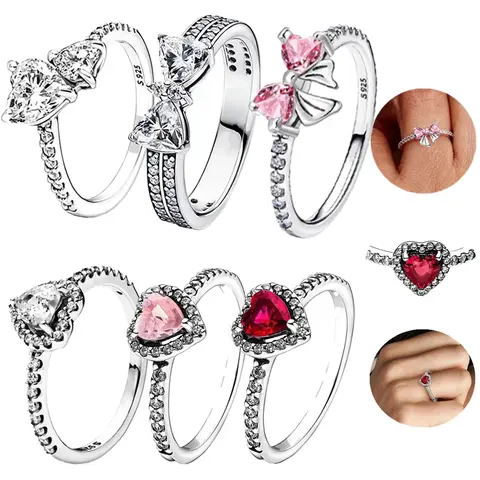 Original 925 Sterling Silver Rings For Women Crown Love Heart Sun Moon Engagement Wedding Pink Bow Ring Luxury Jewelry