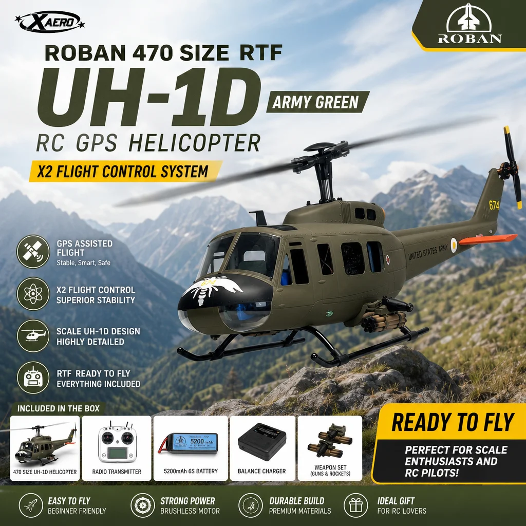 Roban 470 Size RTF UH-1D Army Green/Yellow RC GPS Helicopter X2 Flight control System
Roban 470 Size RTF UH-1D Army Green/Yellow RC GPS Helicopter X2 Flight control System