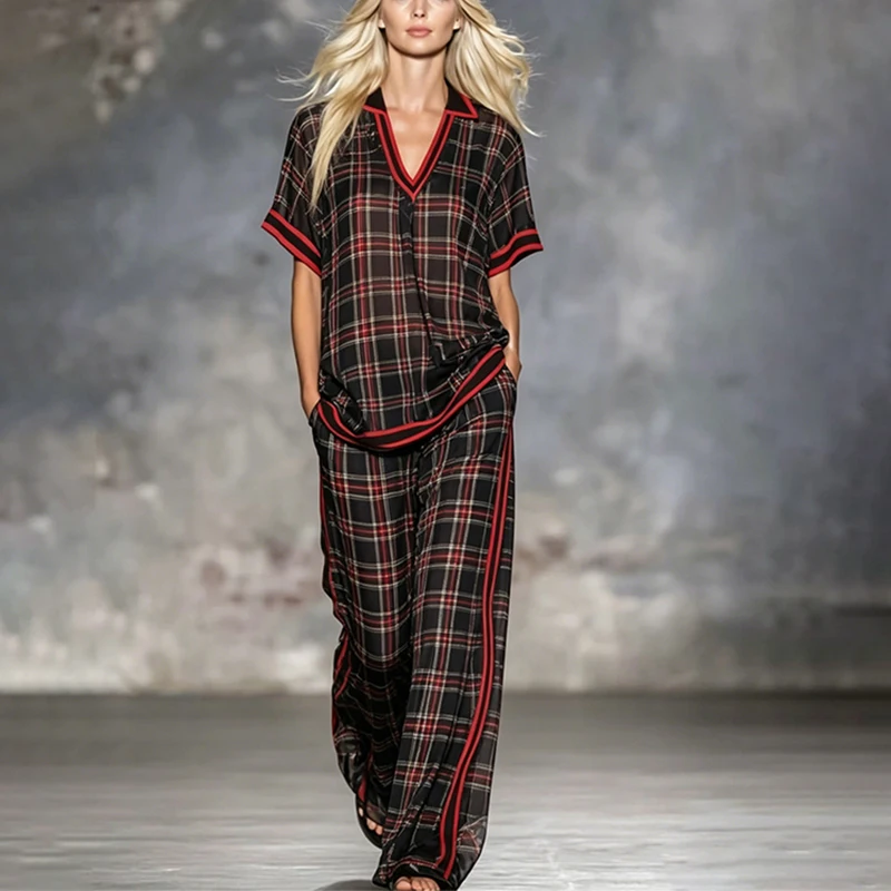 Summer Women's Casual Trousers Set Plaid Print Contrast Color V-Neck Short-sleeved Top Wide-leg Pants Two-piece Sets
Summer Women's Casual Trousers Set Plaid Print Contrast Color V-Neck Short-sleeved Top Wide-leg Pants Two-piece Sets