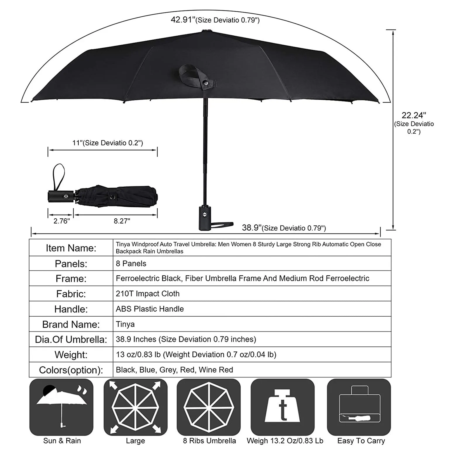 Windproof Auto Travel Umbrella Strong Rib Durable Compact Portable Lightweight Folding Best Mini Rain Umbrellas
Windproof Auto Travel Umbrella Strong Rib Durable Compact Portable Lightweight Folding Best Mini Rain Umbrellas