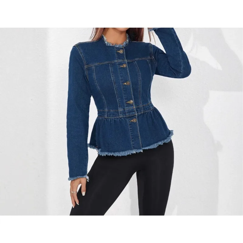 Small Fragrance Ladies Waist Collarless Short Jacket Denim Umbrella-shaped Hem Small Coat
Small Fragrance Ladies Waist Collarless Short Jacket Denim Umbrella-shaped Hem Small Coat