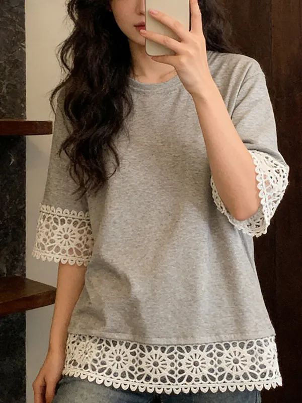 Korean Style plus Size Women's T-Shirt round Neck Short Sleeve Lace Trim Shirt Casual Loose Fit Summer Fashion Artistic
Korean Style plus Size Women's T-Shirt round Neck Short Sleeve Lace Trim Shirt Casual Loose Fit Summer Fashion Artistic