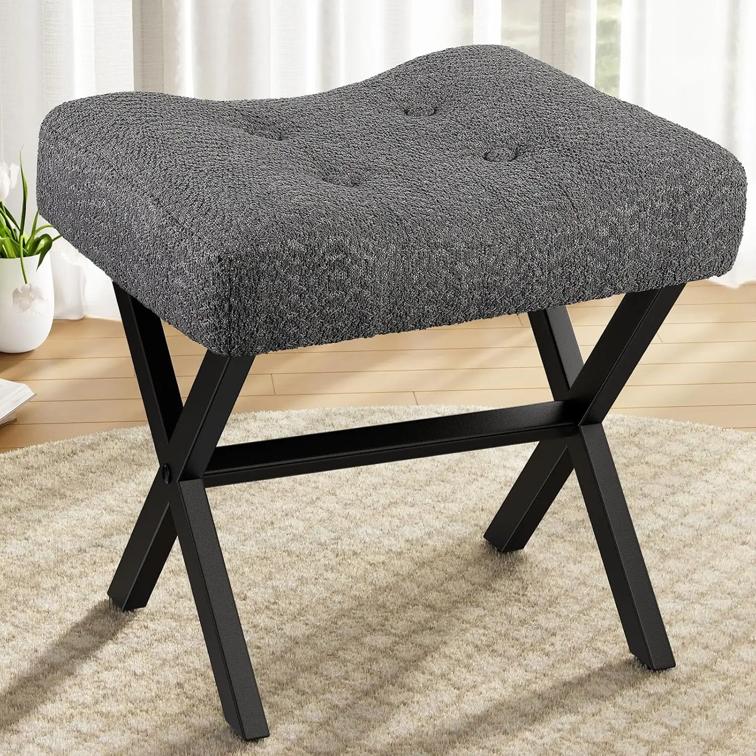 18-Inch Grey Vanity Stool with Metal X-Legs, Soft Boucle Fabric Seat for Bathroom or Living Room
18-Inch Grey Vanity Stool with Metal X-Legs, Soft Boucle Fabric Seat for Bathroom or Living Room