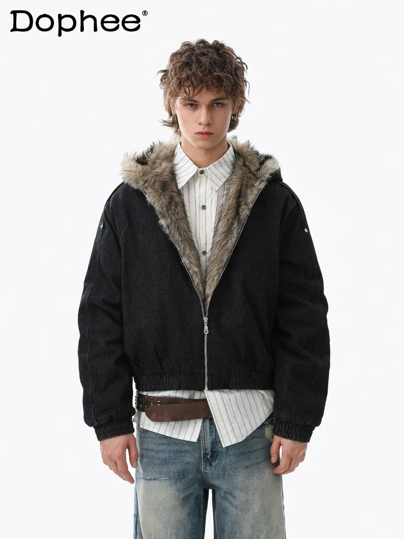 American Retro Winter Warm Fur Collar Denim Cotton Jacket with Design Sense, Thickened Zipper, Plush Hooded Fashion Coat for Men
American Retro Winter Warm Fur Collar Denim Cotton Jacket with Design Sense, Thickened Zipper, Plush Hooded Fashion Coat for Men